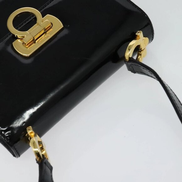 Salvatore Ferragamo Gancini Shoulder Bag Enamel Black Gold Auth - Picture 6 of 16